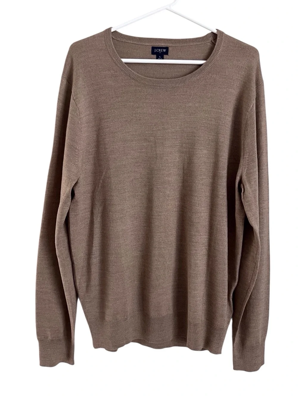 J Crew Men’s Merino Wool Crew Neck Sweater Tan Brown Classic Preppy Large